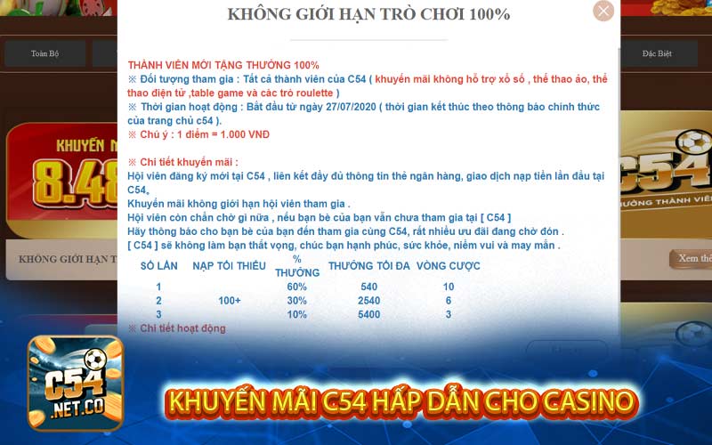 Khuyến mãi C54 hấp dẫn cho casino