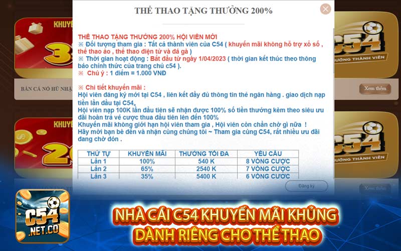 Nhà cái C54 khuyến mãi khủng dành riêng cho thể thao